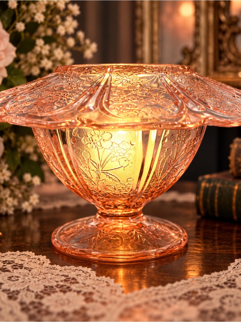 Vintage Pink Depression Glass Cherry Blossom Fairy Lamp Sherbet & Plate